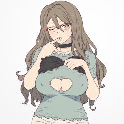 Rule 34 | 1girl, absurdres, black bra, black choker, bra, bra over clothes, breasts, brown hair, choker, cleavage, cleavage cutout, clothing cutout, covered erect nipples, finger to mouth, glasses, hair between eyes, highres, large breasts, lips, long hair, looking at viewer, lycoris recoil, nakahara mizuki, one eye closed, onsen tamago (hs egg), red-framed eyewear, shirt, short sleeves, simple background, solo, underwear