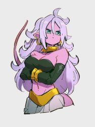 Rule 34 | 1girl, android 21, aqua eyes, bracelet, breasts, choker, cleavage, closed mouth, colored skin, crossed arms, dragon ball, dragon ball fighterz, earrings, grey background, hair between eyes, hoop earrings, jewelry, kemachiku, long hair, looking to the side, majin android 21, medium breasts, midriff, navel, pink skin, pointy ears, simple background, solo, tail, white hair, yellow choker