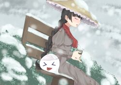 Rule 34 | &gt; &lt;, 1girl, :o, ajirogasa, bakebake (touhou), bench, black hair, braid, buttons, capelet, closed eyes, commentary request, cup, dress, ebigadaisuko (user xtcr3758), ghost, grey dress, hat, highres, holding, holding cup, juliet sleeves, long hair, long sleeves, open mouth, puffy sleeves, red capelet, ribbon, sitting, snow, snow on headwear, tongue, tongue out, touhou, touhou (pc-98), triangular headpiece, twin braids, yatadera narumi