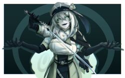 Rule 34 | 1girl, absurdres, belt, black gloves, border, breasts, gloves, green eyes, hair between eyes, hat, highres, holding, holding weapon, indie virtual youtuber, juniper actias, large breasts, looking at viewer, military, military uniform, monster girl, open mouth, peaked cap, smile, solo, sword, toby000777, uniform, virtual youtuber, weapon