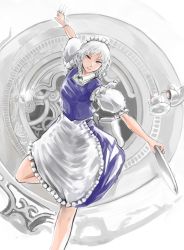 Rule 34 | 1girl, apron, braid, cup, dole (artist), foreshortening, gears, izayoi sakuya, knife, lips, looking at viewer, maid apron, maid headdress, mug, plate, pocket watch, red eyes, short hair, smile, solo, spilling, teacup, touhou, tray, twin braids, watch, white hair