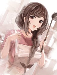 Rule 34 | 1girl, :d, absurdres, apron, bow, braid, braided ponytail, breasts, brown eyes, brown hair, commentary, dutch angle, eyelashes, hair bow, hair over shoulder, hands up, highres, holding, holding ladle, idolmaster, idolmaster shiny colors, indoors, jewelry, karya, ladle, large breasts, long hair, looking at viewer, open mouth, pink shirt, ring, shirt, short sleeves, sidelocks, smile, solo, swept bangs, tareme, tsukioka kogane, upper body, wedding band, white apron