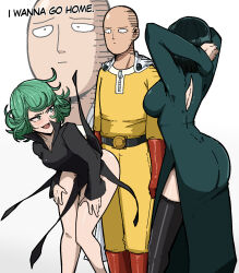Rule 34 | 1boy, 2girls, arms behind head, bald, bare legs, belt, black dress, black hair, black thighhighs, blush, bodysuit, boots, breasts, cape, closed mouth, curly hair, dark green hair, dress, english text, fubuki (one-punch man), green dress, green eyes, green hair, hetero, highres, large breasts, mark gavatino, medium breasts, medium hair, meme, multiple girls, naughty face, one-punch man, open mouth, parody, red footwear, saitama (one-punch man), siblings, sisters, smile, standing, tatsumaki, the simpsons, thighhighs, white cape, wide hips, yellow bodysuit