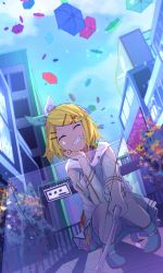 Rule 34 | 1girl, ^ ^, absurdres, bare shoulders, blonde hair, blue sky, boots, bow, building, cheek rest, cityscape, closed eyes, clothing cutout, crosswalk, dutch angle, closed eyes, fang, floating, floating object, grin, hair bow, hair ornament, hairclip, highres, hood, hoodie, kagamine rin, pedestrian bridge, project sekai, rameco, road, rubber boots, see-through, see-through sleeves, short hair, shorts, shorts under skirt, shoulder cutout, sky, smile, solo, squatting, street, transparent, transparent umbrella, tree, umbrella, vocaloid