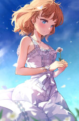 Rule 34 | 1girl, armpit crease, blue eyes, blue sky, blurry, blurry foreground, blush, breasts, brown hair, depth of field, dress, falling petals, floating hair, flower, highres, holding, holding flower, idolmaster, idolmaster million live!, idolmaster million live! theater days, looking at flowers, looking down, nira (vira), outdoors, petals, pure onepiece (idolmaster), sky, sleeveless, sleeveless dress, small breasts, smile, solo, suou momoko, white dress