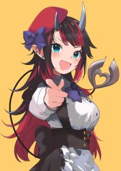 Rule 34 | 1girl, alternate costume, apron, beret, black hair, black skirt, blue eyes, blush, bow, bowtie, breasts, buttons, collared shirt, commentary request, cowboy shot, demon girl, demon horns, demon tail, frilled apron, frills, hat, hat bow, highres, horns, large breasts, long hair, long sleeves, looking at viewer, looking to the side, multicolored hair, nanashi inc., open mouth, pointing, pointing at viewer, pointy ears, purple bow, purple bowtie, red hair, red hat, ryugasaki rene, shirt, simple background, skirt, smile, solo, sugar lyric, tail, two-tone hair, underbust, virtual youtuber, waist apron, white apron, white shirt, yellow background, zono (inokura syuzo029)