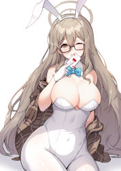 Rule 34 | 1girl, absurdres, akane (blue archive), akane (bunny) (blue archive), animal ears, aqua bow, aqua bowtie, bare shoulders, black-framed eyewear, blue archive, blush, bow, bowtie, breasts, brown eyes, brown hair, card, cleavage, commentary, detached collar, glasses, highres, leotard, losvje1024, one eye closed, playboy bunny, solo