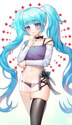 Rule 34 | 1girl, absurdres, black choker, black panties, black thighhighs, blue eyes, blue hair, bra strap, choker, collarbone, commission, daengdaeng, hand up, hatsune miku, highres, long hair, long sleeves, looking at viewer, nail polish, navel, off shoulder, panties, parted lips, purple shirt, raglan sleeves, see-through, shirt, side slit, single thighhigh, skindentation, solo, standing, stomach, thighhighs, thighs, twintails, underwear, v, very long hair, vocaloid, wavy hair
