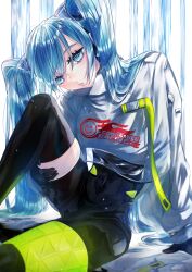 Rule 34 | 1girl, absurdres, black gloves, black jumpsuit, black thighhighs, blue eyes, blue hair, commentary, covered navel, gloves, hair between eyes, hatsune miku, highres, jumpsuit, long hair, namikaze bon, parted lips, racing miku, racing miku (2022), sitting, solo, thighhighs, twintails, very long hair, vocaloid