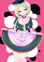 Rule 34 | 1girl, apron, black hat, black socks, bow, breasts, buttons, collar, dress, green dress, green eyes, green hair, green sleeves, hands up, hat, highres, long hair, looking at viewer, open mouth, pink apron, pink collar, puffy short sleeves, puffy sleeves, short hair, short sleeves, small breasts, smile, socks, solo, standing, teireida mai, tomoe (fdhs5855), touhou, yellow bow