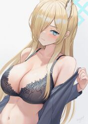 Rule 34 | 1girl, animal ears, asymmetrical bangs, black bra, blonde hair, blue archive, blue eyes, blush, bra, breasts, closed mouth, dutch angle, extra ears, hair over one eye, halo, highres, kanna (blue archive), large breasts, lingerie, long hair, looking at viewer, may9, midriff, signature, simple background, solo, underwear, undressing, upper body, white background