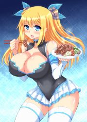Rule 34 | 1girl, aizawa hikaru, bare shoulders, beef, blonde hair, blue eyes, blush, breasts, cleavage, detached sleeves, dress, eating, food, hair ribbon, huge breasts, ishioto, lace, lace-trimmed skirt, lace trim, long hair, meat, microskirt, microsoft, miniskirt, open mouth, plate, pleated skirt, ribbon, silverlight, skirt, solo, standing, thighhighs, twintails, white skirt, white thighhighs, yakiniku