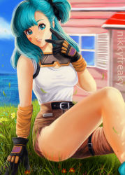 Rule 34 | 1girl, aqua eyes, aqua hair, arm support, artist name, asymmetrical bangs, asymmetrical clothes, asymmetrical legwear, bad id, bad pixiv id, bandaid, bandaid on cheek, bandaid on face, belt, black gloves, breasts, brown pants, bulma, clenched teeth, cloud, dated, day, dragon ball, dragon ball (classic), flower, gloves, goggles, goggles around neck, grass, grin, hand up, head tilt, high-waist pants, house, kame house, knee up, light, lips, long hair, looking at viewer, medium breasts, neck, nicole jimenez, ocean, on floor, on grass, one side up, outdoors, pants, profile, signature, single pantsleg, sitting, sky, smile, solo, straight hair, tank top, teeth, uneven legwear, v, white tank top, wristband