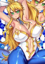 Rule 34 | animal ears, artoria pendragon (all), artoria pendragon (fate), artoria pendragon (swimsuit ruler) (fate), blonde hair, blue pantyhose, breasts, fake animal ears, fate/grand order, fate (series), green eyes, highres, huge breasts, leotard, osiimi, pantyhose, playboy bunny, rabbit ears, rabbit girl, solo, thick thighs, thighs, white leotard