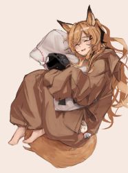 Rule 34 | 1girl, animal ears, arknights, bag, barefoot, blush, brown hair, brown pajamas, cameo, ceobe (arknights), dakimakura (object), doctor (arknights), dog ears, dog girl, dog tail, closed eyes, hair ornament, hairclip, highres, long hair, long sleeves, lying, onesie, open mouth, pajamas, pillow, plastic bag, pocket, simple background, sleeping, sleeves past fingers, sleeves past wrists, solo, tail, tubuan (tubuan03), wavy hair, white background