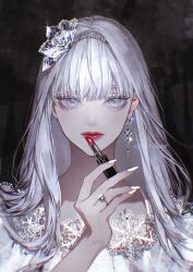 Rule 34 | 1boy, applying makeup, close-up, closed mouth, cosmetics, crossdressing, earrings, grey eyes, grey hair, hair between eyes, hair ornament, highres, holding, holding lipstick tube, jewelry, koshika rina, lipstick, lipstick tube, long hair, looking at viewer, makeup, original, red lips, ring, single earring, trap, twitter username, white nails