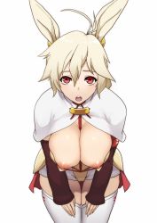 Rule 34 | 10s, 1girl, animal ears, between breasts, blonde hair, breasts, breasts out, capelet, cleavage, detached sleeves, female focus, large breasts, long sleeves, looking at viewer, nachetanya loei piena augustra, nipples, nishiumi rin, no bra, open clothes, open mouth, open shirt, rabbit ears, red eyes, rokka no yuusha, shibari, shibari under clothes, shirt, simple background, skirt, solo, thighhighs, white background, white thighhighs