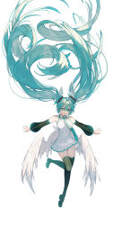 Rule 34 | 1girl, absurdly long hair, absurdres, aqua eyes, aqua hair, aqua nails, aqua necktie, black footwear, black sleeves, boots, collared shirt, commentary request, deep (deep4946), detached sleeves, dress, feathered wings, frilled shirt, frills, full body, hair ornament, hatsune miku, highres, long hair, looking at viewer, nail polish, necktie, open mouth, outstretched arms, shirt, simple background, sleeveless, sleeveless shirt, solo, thigh boots, very long hair, vocaloid, white background, white dress, white wings, wings