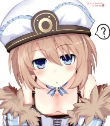Rule 34 | 10s, 1girl, ?, areola slip, bare shoulders, blanc (neptunia), blue eyes, blush, breasts, brooch, brown hair, cleavage, clueless, coat, corset, cross-laced clothes, downblouse, extended downblouse, from above, fur trim, hair between eyes, haru blanc0316, hat, jewelry, looking at viewer, neptune (series), no bra, open mouth, ribbon, short hair, simple background, small breasts, solo, speech bubble, spoken question mark, twitter username, upper body, white background