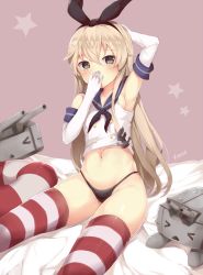 Rule 34 | &gt; &lt;, 10s, 1girl, anchor hair ornament, arm behind head, armpits, black panties, blonde hair, blush, closed eyes, covering own mouth, crop top, elbow gloves, gloves, grey eyes, hair ornament, highres, kantai collection, kimoshi, long hair, navel, no pants, panties, pink background, rensouhou-chan, shimakaze (kancolle), sitting, star (symbol), striped clothes, striped thighhighs, thighhighs, underwear, white gloves