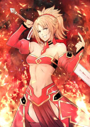 Rule 34 | absurdres, bandeau, blonde hair, braid, breasts, clarent (fate), cleavage, cowboy shot, fate/grand order, fate/stay night, fate (series), fire, french braid, green eyes, groin, hair ornament, hair scrunchie, highres, holding, holding sword, holding weapon, looking at viewer, mordred (fate), mordred (fate/apocrypha), navel, over shoulder, pelvic curtain, ponytail, red scrunchie, scrunchie, small breasts, smile, solo, sword, sword over shoulder, untold, v-shaped eyebrows, weapon, weapon over shoulder, yellow eyes