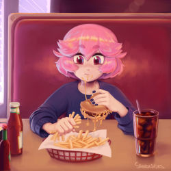 Rule 34 | 1other, :t, androgynous, booth seating, burger, cheese, cheese trail, commentary, day, english commentary, food, food on face, french fries, hair between eyes, highres, ketchup bottle, messy, nail polish, original, pillow (sandcasks), pink hair, red eyes, restaurant, sandcasks, short eyebrows, short hair, sitting, soda, solo, sweater, tabasco, thick eyebrows