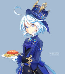 Rule 34 | 1girl, :q, ahoge, artist name, blue background, blue eyes, blue gemstone, blue hair, blue hat, blue jacket, closed mouth, commentary request, cowboy shot, flat chest, food, furina (genshin impact), gem, genshin impact, gloves, hair between eyes, hat, heterochromia, holding, holding plate, jacket, kodona, lolita fashion, long bangs, long sleeves, looking at viewer, multicolored hair, natsuya (kuttuki), pasta, pink eyes, plate, short hair, simple background, smile, solo, spaghetti, tomato sauce, tongue, tongue out, top hat, watermark, web address, white gloves, white hair