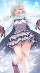 1girl :d bar_censor blue_eyes blush boots braid braided_bangs censored coat dress earrings female_pubic_hair gloves grey_hair highres hisakawa_hayate idolmaster idolmaster_cinderella_girls jewelry layered_dress mk_(mod0) open_clothes open_coat open_mouth outstretched_arms panties panties_around_leg pubic_hair purple_dress pussy red_footwear red_gloves scarf smile solo swept_bangs thighs underwear white_coat white_panties white_scarf