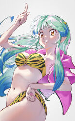 Rule 34 | 1girl, :d, animal print, arakan, bikini, blue hair, blush, breasts, collarbone, colored tips, floating hair, green hair, grey background, highres, horns, looking at viewer, looking down, lum, medium breasts, multicolored hair, nail polish, navel, open clothes, open mouth, open shirt, pink nails, pointing, pointing up, pointy ears, purple shirt, shirt, short sleeves, smile, solo, strapless, strapless bikini, swimsuit, tiger print, urusei yatsura, yellow bikini