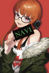 Rule 34 | 1girl, bare shoulders, behind-the-head headphones, black tank top, card, commentary, english commentary, english text, eroka404, fur-trimmed jacket, fur trim, glasses, green jacket, hand up, headphones, highres, holding, holding card, index finger raised, jacket, long hair, looking at viewer, off-shoulder shirt, off shoulder, open mouth, orange hair, persona, persona 5, print shirt, purple eyes, red background, sakura futaba, shirt, simple background, smile, solo, straight hair, tank top, teeth, upper body, upper teeth only, white shirt