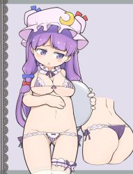 Rule 34 | 1girl, ass, blunt bangs, blush, breasts, cropped torso, embarrassed, hat, highres, long hair, looking to the side, medium breasts, mob cap, multiple views, navel, patchouli knowledge, purple eyes, purple hair, thighhighs, touhou, triangle mouth, turnip kabura, underwear, very long hair