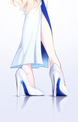 Rule 34 | 1girl, ayumu (blue archive), blue archive, dress, gensui hime, gradient background, head out of frame, high heels, highres, kneepits, legs, reflective floor, solo, white dress, white footwear