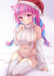 Rule 34 | 1girl, animal ear fluff, animal ears, bed sheet, blue hair, blush, braid, breasts, cat ears, closed mouth, commentary request, detached sleeves, fur-trimmed headwear, fur trim, hair between eyes, hand up, hat, hololive, large breasts, long hair, long sleeves, looking at viewer, low twintails, meme attire, minato aqua, multicolored hair, navel, nikoo, panties, pink hair, purple eyes, red hat, santa hat, side-tie panties, sideboob, sitting, sleeves past wrists, solo, streaked hair, thighhighs, tilted headwear, twin braids, twintails, two-tone hair, underwear, very long hair, virgin destroyer sweater, virtual youtuber, white background, white panties, white sleeves, white thighhighs