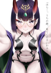 Rule 34 | 1girl, bare shoulders, blush, bob cut, breasts, closed mouth, collarbone, dearonnus, fangs, fangs out, fate/grand order, fate (series), glasses, gluteal fold, headpiece, highres, horns, japanese clothes, kimono, looking at viewer, navel, off shoulder, oni, purple eyes, purple hair, revealing clothes, short hair, shuten douji (fate), simple background, skin-covered horns, small breasts, smile, solo, translated, white background