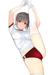 Rule 34 | 1girl, breasts, brown hair, buruma, closed mouth, commentary request, kneepits, large breasts, looking at viewer, mibu natsuki, midriff, original, red buruma, short sleeves, simple background, smile, solo, split, standing, standing on one leg, standing split, thighhighs, white background, white thighhighs, yellow eyes