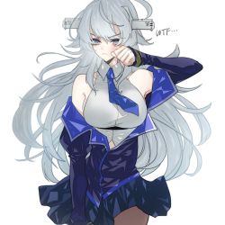 Rule 34 | 1girl, ahoge, anno88888, black dress, black pantyhose, blue necktie, breasts, bruise, bruise on face, clenched hand, closed mouth, dress, grey eyes, headgear, highres, injury, kantai collection, large breasts, long hair, long sleeves, necktie, off shoulder, pantyhose, shirt, silver hair, simple background, sleeveless, sleeveless shirt, solo, washington (kancolle), white background, white shirt
