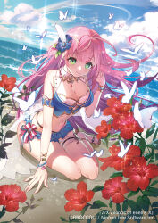 Rule 34 | 1girl, anklet, bikini, blue bikini, blue flower, blue sky, bracelet, breasts, bug, butterfly, cleavage, closed mouth, cloud, day, dutch angle, feather hair ornament, feathers, floating hair, flower, green eyes, hair flower, hair ornament, highres, insect, jewelry, konatsu hare, long hair, looking at viewer, medium breasts, navel, ocean, outdoors, pink hair, sitting, sky, smile, solo, sparkle, summer, swimsuit, thigh strap, very long hair, white feathers, z/x
