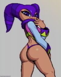 Rule 34 | 1girl, :3, artist name, ass, back, dimples of venus, hat, jester cap, looking back, nights (character), nights into dreams, purple eyes, rafaknight, sega, shiny skin, thick thighs, thighs, thong