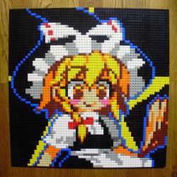 Rule 34 | 1girl, :&gt;, blonde hair, blush stickers, broom, female focus, green eyes, hat, highres, kirisame marisa, lego, lego (medium), photo (medium), pixel art, smile, solo, touhou, unconventional media, witch, witch hat, you rei (blowback)