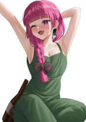 Rule 34 | 1girl, ;d, @ @, absurdres, arm behind head, armpits, arms up, bare arms, bare shoulders, black bow, blunt bangs, blush, bocchi the rock!, bottle, bow, braid, breasts, cleavage, dress, drunk, earrings, fang, gompu, green dress, hair bow, hair over shoulder, highres, hiroi kikuri, jewelry, long hair, looking at viewer, medium breasts, one eye closed, open mouth, pink hair, purple eyes, ringed eyes, sake bottle, sideboob, simple background, single braid, sitting, sleeveless, sleeveless dress, smile, solo, sweat, white background