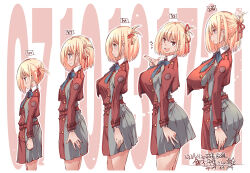Rule 34 | 1girl, age progression, aged down, aged up, belt, blonde hair, blue ribbon, bob cut, breasts, closed mouth, commentary request, dress, finger gun, from side, grey dress, hair ribbon, half updo, highres, large breasts, long sleeves, looking at viewer, lycoris recoil, lycoris uniform, medium breasts, neck ribbon, nishikigi chisato, numbered, open mouth, pleated dress, red belt, red dress, red eyes, red ribbon, ribbon, short hair, small breasts, smile, two-tone dress, yazawa mana