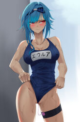 Rule 34 | 1girl, absurdres, averting eyes, backlighting, bare shoulders, blue-framed eyewear, blue-tinted eyewear, blue hair, blue one-piece swimsuit, blue sky, blush, breasts, character name, cleavage, closed mouth, clothes lift, clothes writing, collarbone, controller, covered erect nipples, cowboy shot, eula (genshin impact), eyewear on head, female focus, frontal wedgie, genshin impact, goggles, groin, hair intakes, highres, japanese text, large breasts, lifting own clothes, looking to the side, medium hair, object insertion, one-piece swimsuit, outdoors, partially visible vulva, raised eyebrows, red eyes, remote control, remote control vibrator, self wedgie, sex toy, sky, solo, standing, swimsuit, swimsuit lift, thigh strap, thighs, tinted eyewear, translated, vaginal, vaginal object insertion, vibrator, vibrator cord, vibrator under clothes, walnut 1477, wedgie, wet, wet clothes