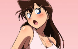 Rule 34 | 1girl, blue eyes, breasts, brown hair, female focus, large breasts, long hair, meitantei conan, mouri ran, open mouth, poron (pixiv id 17549041), swimsuit, text focus, tms entertainment