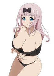 Rule 34 | 1girl, anime coloring, aqua eyes, areola slip, bare shoulders, black bow, black panties, black shirt, blush, bow, breasts, cleavage, closed mouth, clothes lift, collarbone, commentary, coro fae, dot nose, english commentary, fingernails, fujiwara chika, hair bow, highres, kaguya-sama wa kokurasetai ~tensai-tachi no renai zunousen~, large breasts, lifted by self, long hair, looking at viewer, navel, no pants, panties, pink hair, pink nails, shirt, shirt lift, simple background, solo, stomach, sweatdrop, thighs, underwear, white background
