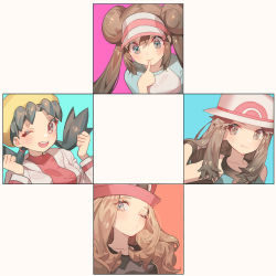 Rule 34 | 4girls, blush, brown hair, clenched hands, closed mouth, commentary request, creatures (company), eyewear on headwear, finger to mouth, game freak, green hair, hands up, hat, kris (pokemon), leaf (pokemon), long hair, multiple girls, nintendo, one eye closed, open mouth, pink headwear, pokemon, pokemon bw2, pokemon frlg, pokemon gsc, pokemon xy, porkpie hat, raglan sleeves, rosa (pokemon), serena (pokemon), sunglasses, teeth, tongue, visor cap, white headwear, zuizi