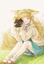 Rule 34 | 1girl, absurdres, animal ear fluff, animal ears, arknights, blonde hair, blue hairband, blue skirt, brown footwear, brown jacket, commentary request, crossover, fox ears, fox girl, fox tail, frilled hairband, frills, green eyes, grey background, hairband, hands up, heixiu, highres, holding, jacket, kitsune, knees up, long hair, long sleeves, multicolored hair, neck ribbon, one eye closed, open clothes, open jacket, puffy long sleeves, puffy sleeves, red ribbon, ribbon, shirt, simple background, sitting, skirt, sleeves past wrists, smile, suzuran (arknights), suzuran (spring praise) (arknights), tail, luo xiaohei zhanji, thighhighs, two-tone hair, very long hair, white hair, white shirt, white thighhighs, zetong
