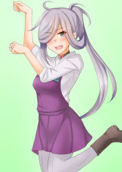 Rule 34 | 1girl, ahoge, anti (untea9), asashimo (kancolle), bow, bowtie, choker, dress, fang, gradient background, green background, green eyes, grey pantyhose, hair over one eye, halterneck, heart lock (kantai collection), highres, horse pose, kantai collection, long hair, long sleeves, look-alike, looking at viewer, pantyhose, pleated dress, ponytail, purple dress, school uniform, shirt, silver hair, skin fang, sleeves rolled up, solo, umamusume, white shirt