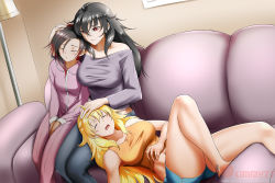 Rule 34 | 3girls, ahoge, alternate universe, blonde hair, blue shorts, breasts, closed eyes, collarbone, couch, drooling, dutch angle, good end, gradient hair, grey hair, hand on another&#039;s head, happy, highres, indoors, jacket, kimmy77, lap pillow, long hair, lying, medium breasts, mother and daughter, multicolored hair, multiple girls, navel, off-shoulder shirt, off shoulder, on back, open mouth, pajamas, pants, pink jacket, pink pants, purple shirt, raven branwen, red eyes, red hair, ruby rose, rwby, shirt, short shorts, shorts, sitting, sleeping, stomach, tank top, very long hair, watermark, yang xiao long, yellow tank top
