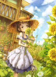 Rule 34 | 1girl, apron, ashida (5232334), blush, brown eyes, brown hair, child, cloud, day, dress, dutch angle, fence, flower, garden, grass, hat, head tilt, house, looking at viewer, one eye covered, original, plant, potted plant, power lines, scenery, short hair, sky, solo, straw hat, sun hat, sundress, sunflower, utility pole
