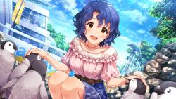 Rule 34 | 1girl, animal, antenna hair, artist request, belt, bird, blue hair, blue sky, blush, bow, breasts, brown eyes, building, collarbone, day, fountain, idolmaster, idolmaster million live!, idolmaster million live! theater days, jewelry, necklace, official art, open mouth, outdoors, penguin, headpat, short hair, short sleeves, skirt, sky, smile, solo, squatting, toyokawa fuka, tree, wavy hair